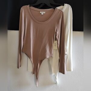 Brown & White Long Sleeve Bodysuit Set Size M:Medium (New, ON 34th, tan)